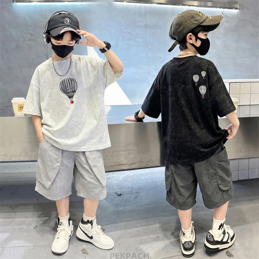

Fashion Boys Summer Outfit T-shirt Shorts Sports Set Children Top and Bottom Tracksuit Set Kids Casual Cotton Sportswear 5-14Y