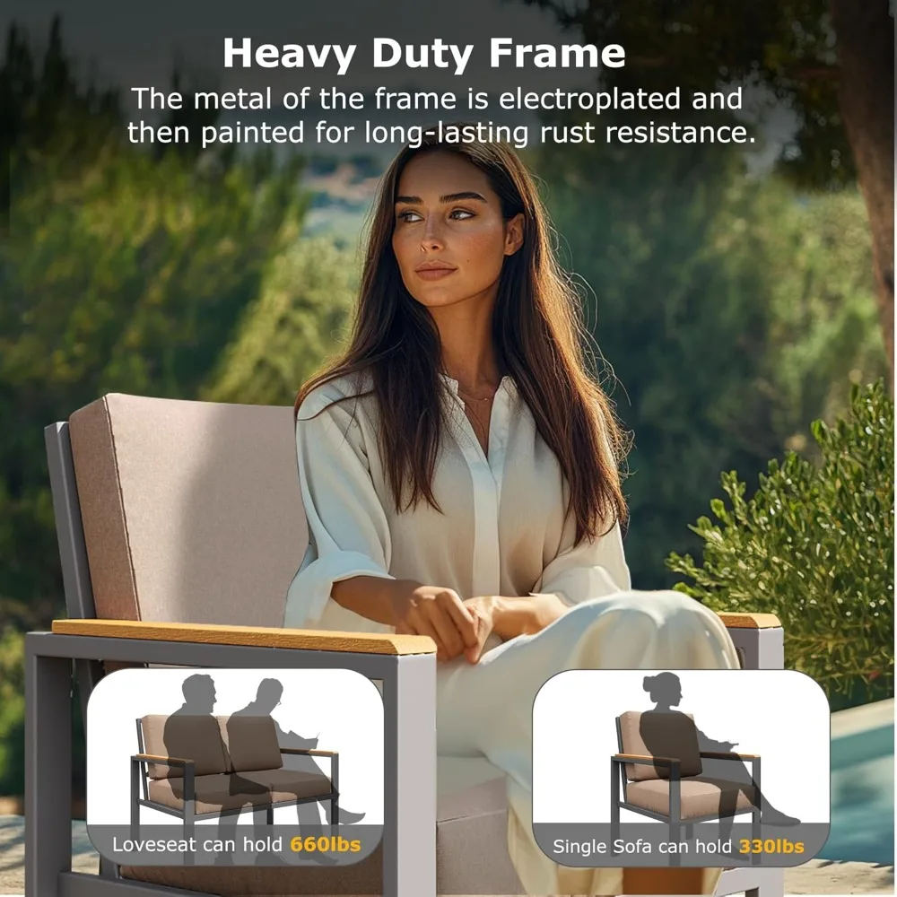4-Piece Outdoor Patio Furniture Set, Metal Conversation Set with Cushions & Wood-Like Armrests, Modern Patio Sectional image 6