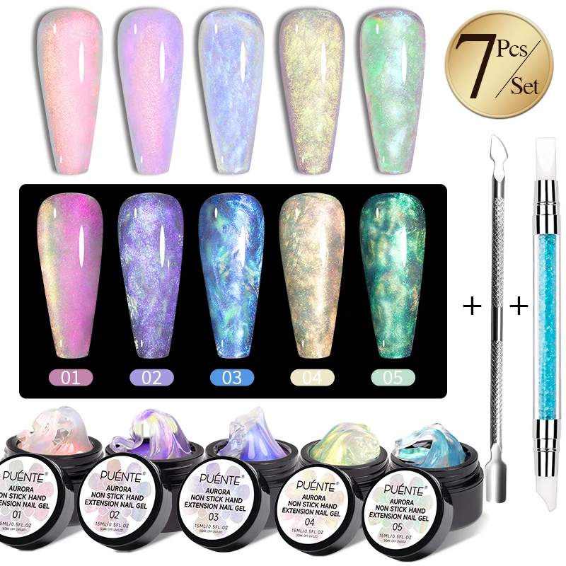 

PUENTE 7Pcs/set Aurora Glitter Non-Stick Hand Extension Nail Gel Kit 3D Sculpture Carving Soak-Off UV Nail Art Hard Gel Varnish