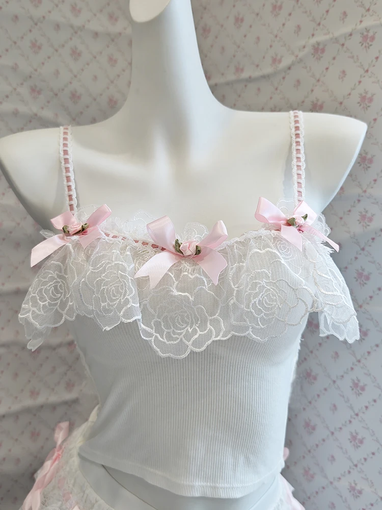

Cute Cropped Women Summer Bows Flowers Decoration Mesh Patchwork Lace Trim Slim Tops for Sweet Girls