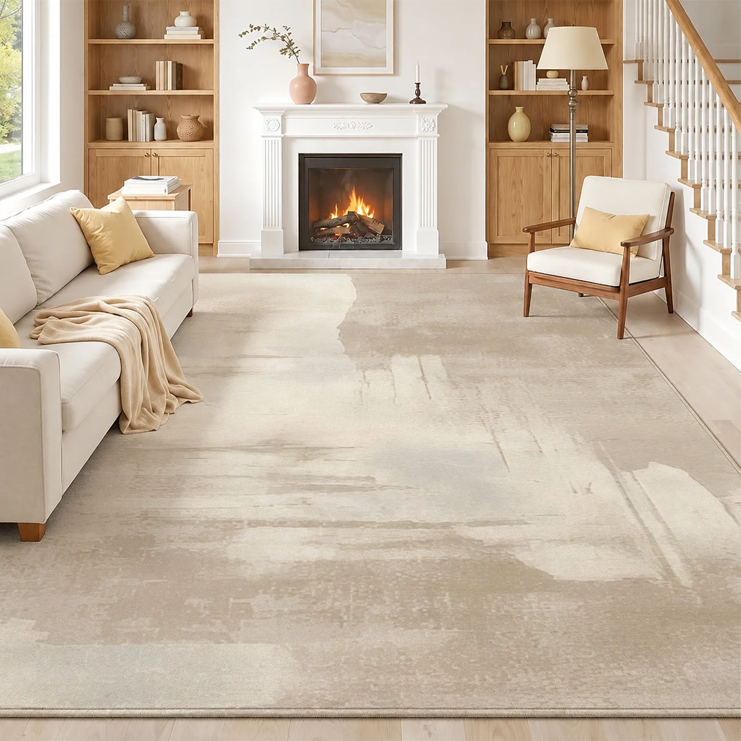 Large Indoor Area Rug, Soft Velvet Low Pile Rug with Non-Slip Dotted Backing, Machine Washable Abstract Neutral Beige Gray Brushstroke Floor Rug for Living Room Bedroom Entryway
