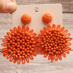 Bohemian Raffia Sun Flower Drop Earrings Fashion Rattan Knit Hanging Earring Women Girls Summer Beach Holiday Party Jewelry