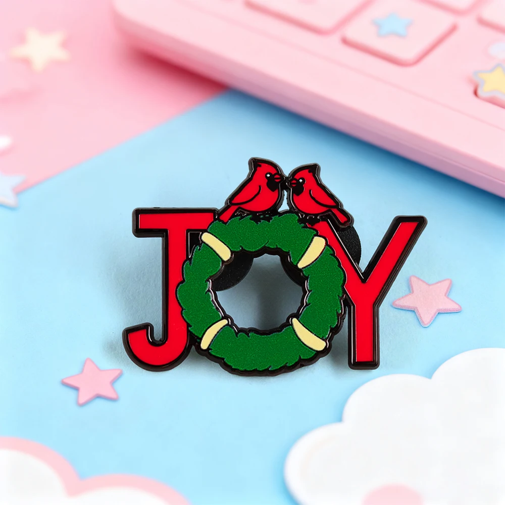 Christmas JOY Themed Brooch Cardinals Wreath Festival Badge Holly Wreath Design Enamel Pin Winter Atmosphere Accessories Gift
