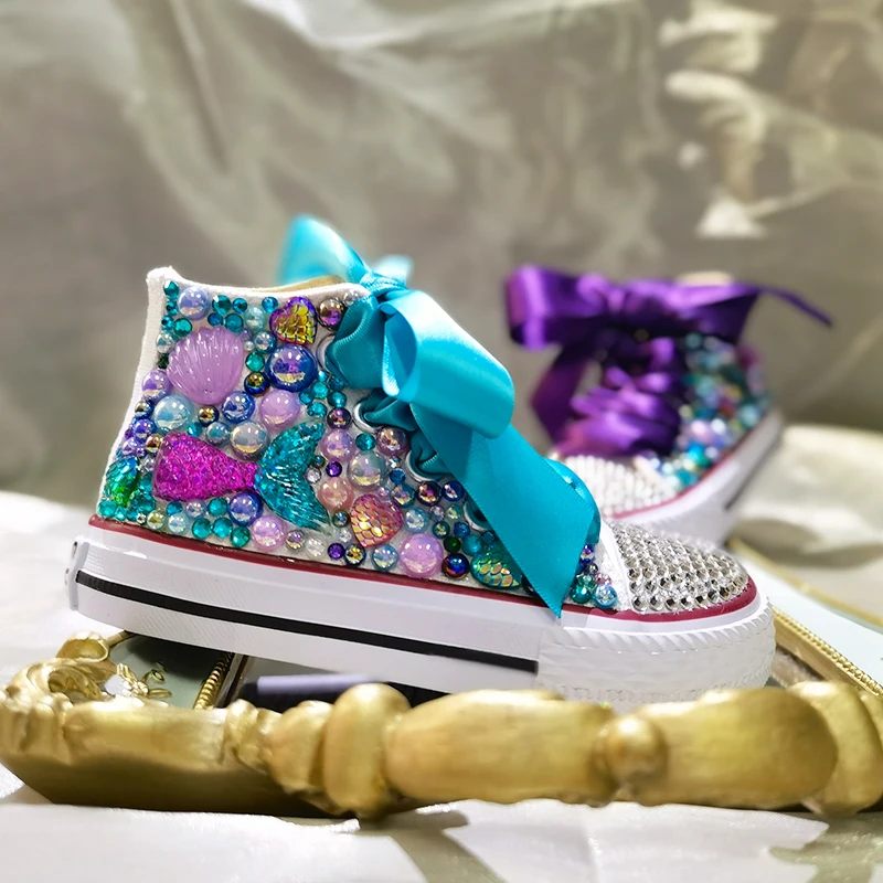 Simulazione di conchiglie fai da te Bling scarpe fatte a mano tela tema oceano bambini ragazza compleanno sirenetta Party High Top Pearls Sneakers