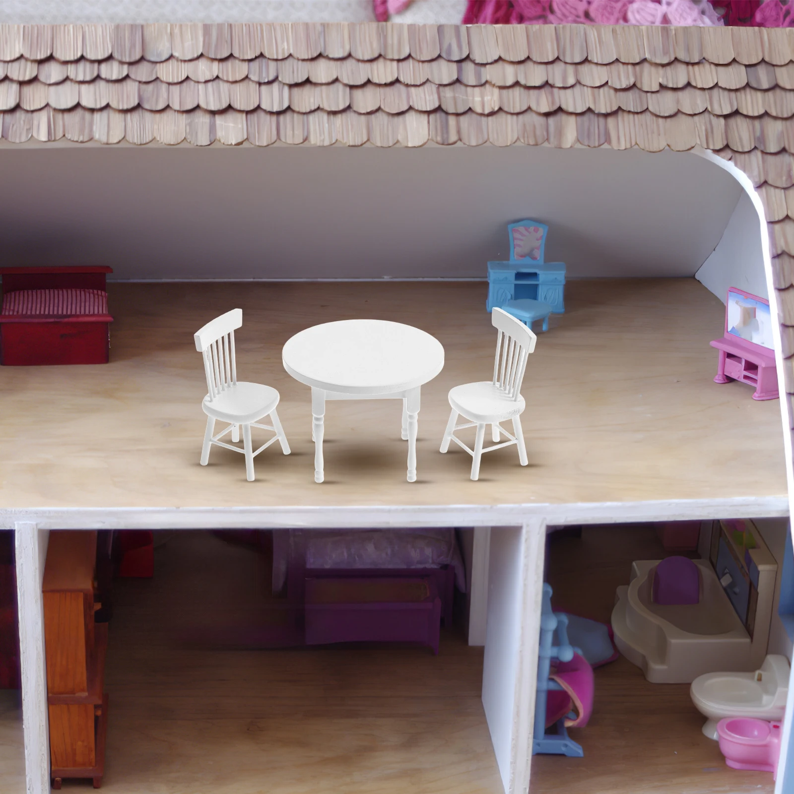 

Wooden White Round Table Set Miniature Dollhouse Furniture 1 12 Scale Small Coffee Table Decor Accessories Sturdy Construction