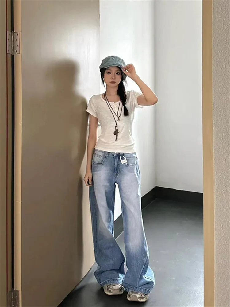 

American Retro Blue Low Waist Wide Leg Jeans Women's Tall Extended Loose Drapey Floor-Length Straight Cut Pants