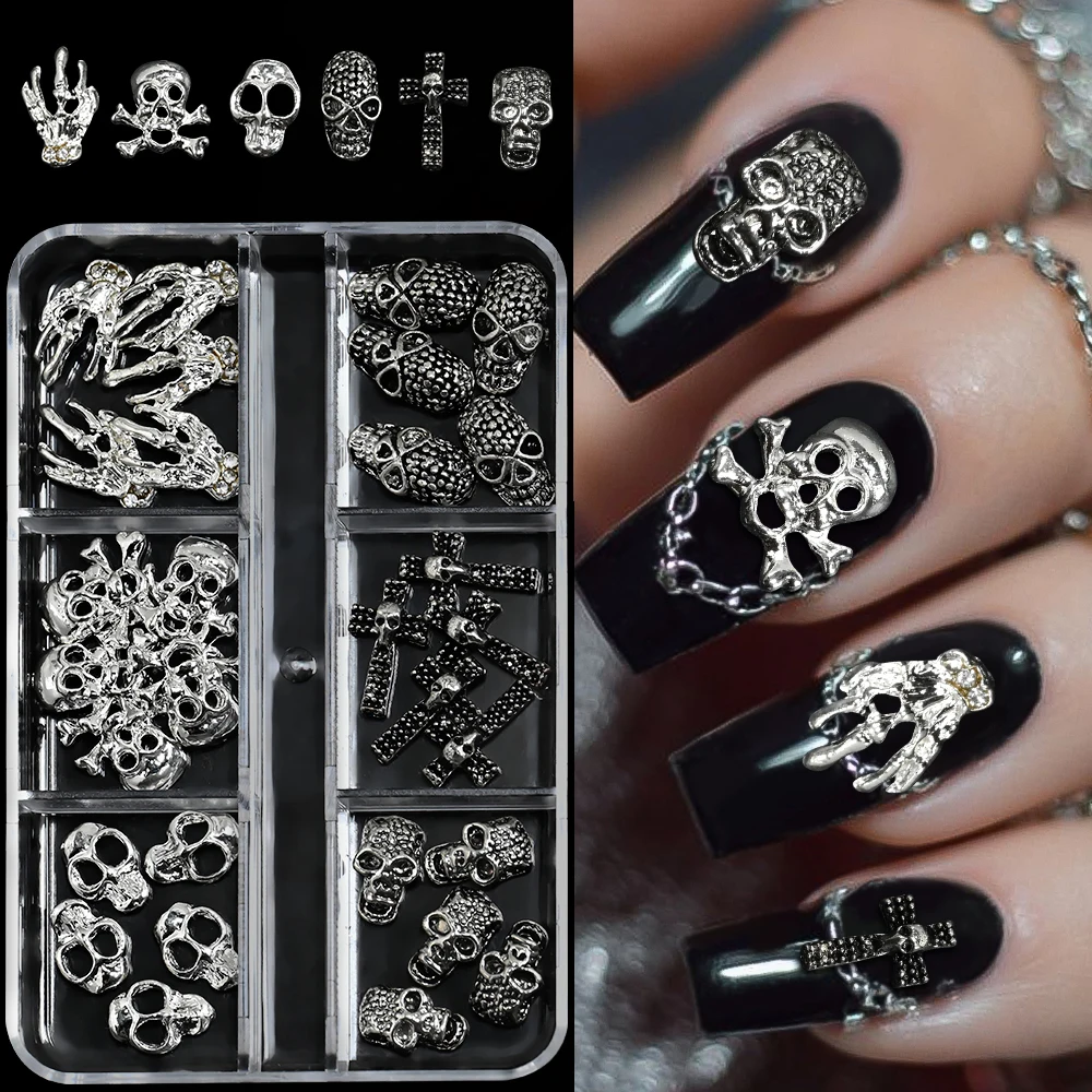 30 szt. Vintage Ozdoby do Paznokci Halloween Szkielet Stop Metalowy Krzyż Gotycki Czaszka Cyrkonie do Paznokci Dekoracja Manicure Festiwal