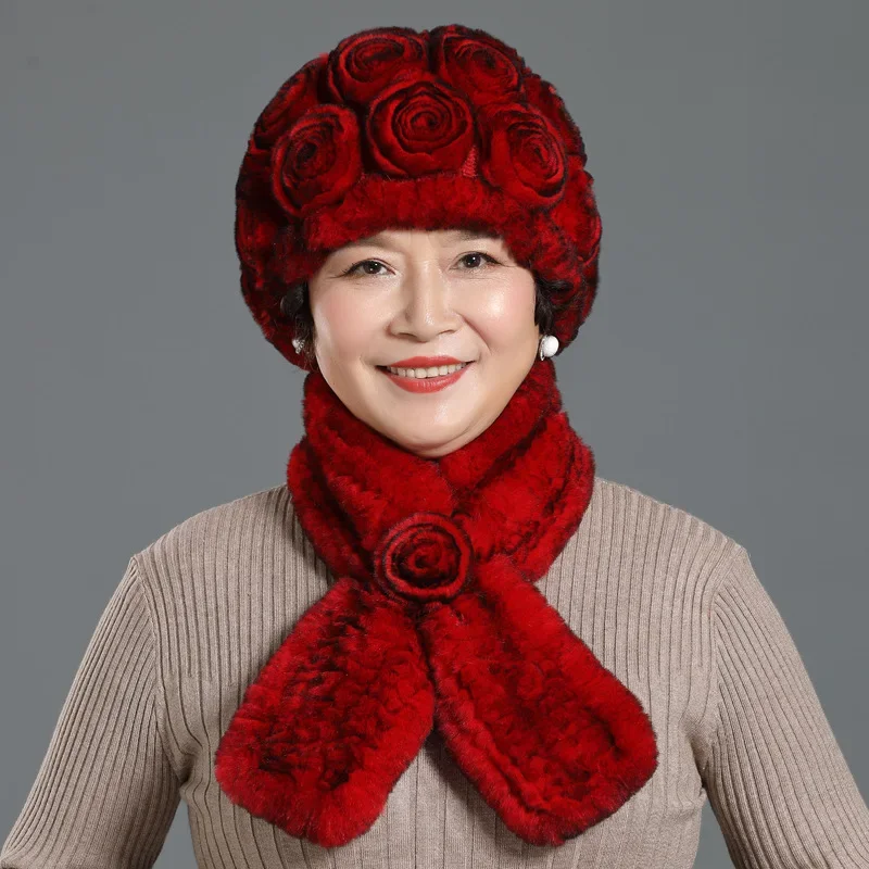 Ensembles de chapeaux et d'écharpes en fourrure de lapin Rex pour femmes, bonnet en fourrure véritable, silencieux, naturel, chaud, dame, nouveau, hiver, 100%