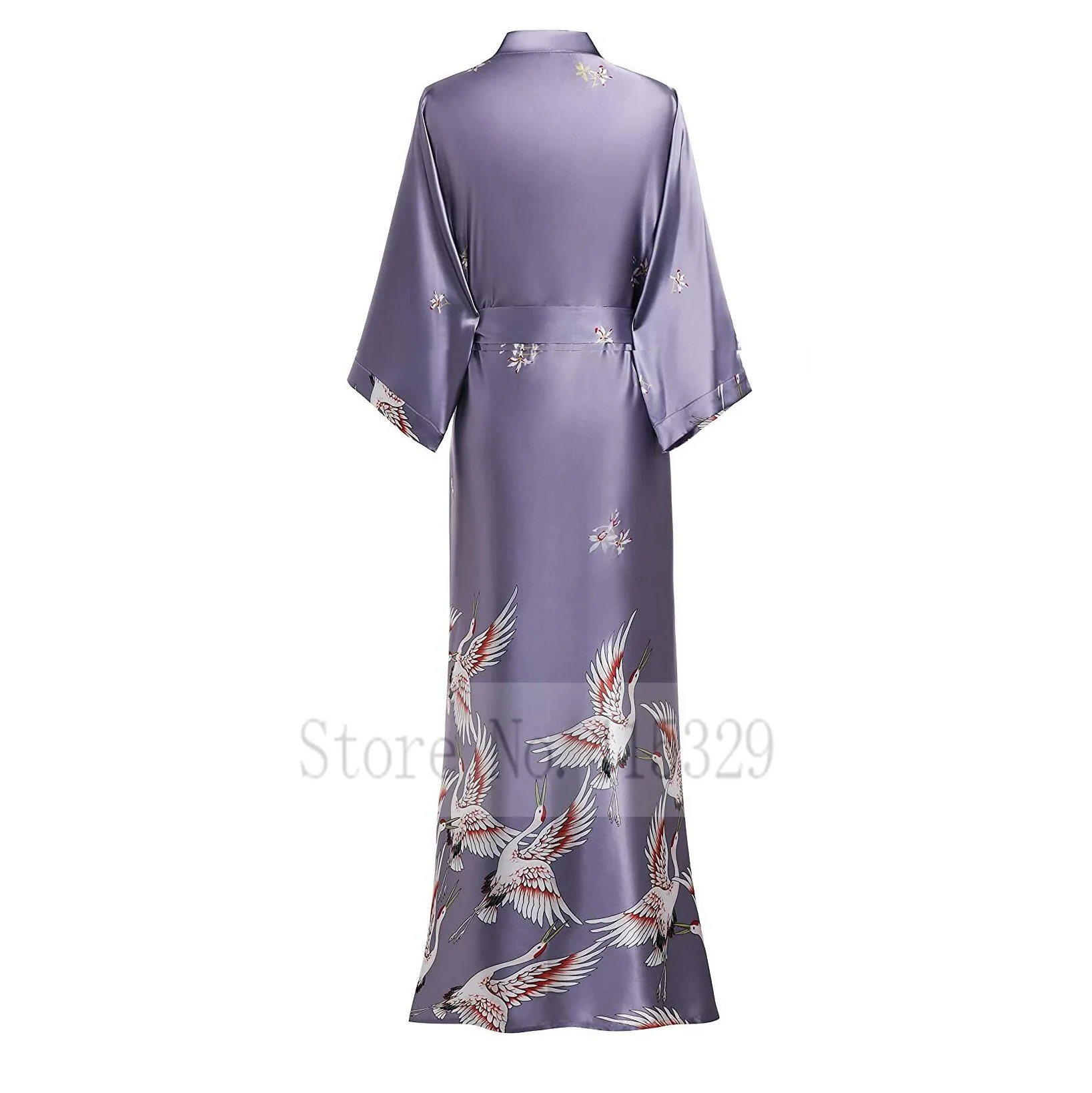 Women Long Kimono Robe Print CRANE Nightgown Wedding Party Gift Longewear Bride Bridesmaid Bathrobe Gown Intimate Lingerie