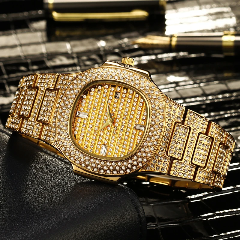 Hip Hop Mens Watches Luxury Date Quartz Wrist Waterproof Watches Bling Iced Out Nightclub Shiny Watch for Men Charm Jewelry