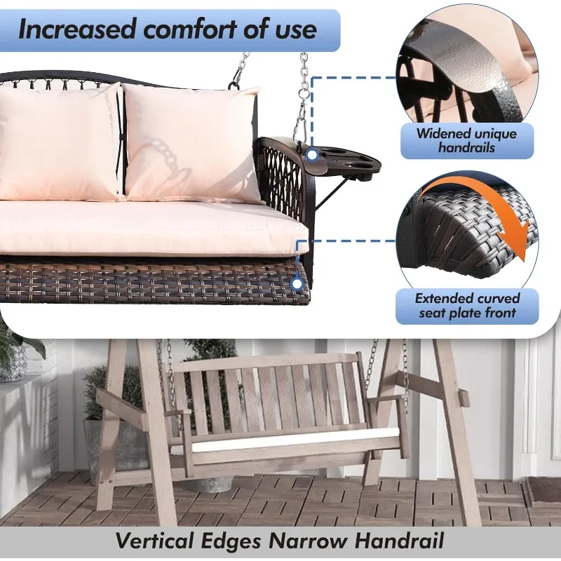 أرجوحة شرفة من الخوص شديدة التحمل 900 رطل 3 مقاعد كرسي أرجوحة للفناء الخارجي مع وسائد وسلاسل 8.9 قدم مقعد معلق خارجي مع U