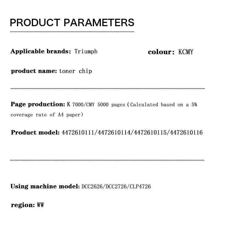 Puce de cartouche de toner pour Triumph Adler, 4472610115, 4472610111, 4472610114, 4472610116, DCC2626, DCC2726, CLP4726