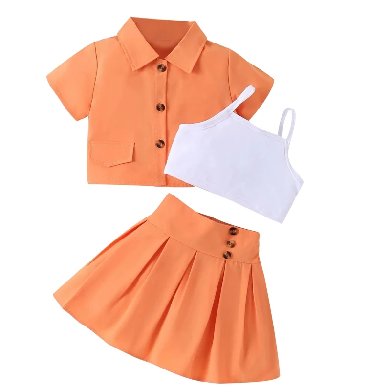 

2PCS Kid Girls Summer Clothes Short Sleeve Button Up Shirt + Cami Tops + Skirt Set Toddler Spring Outfits