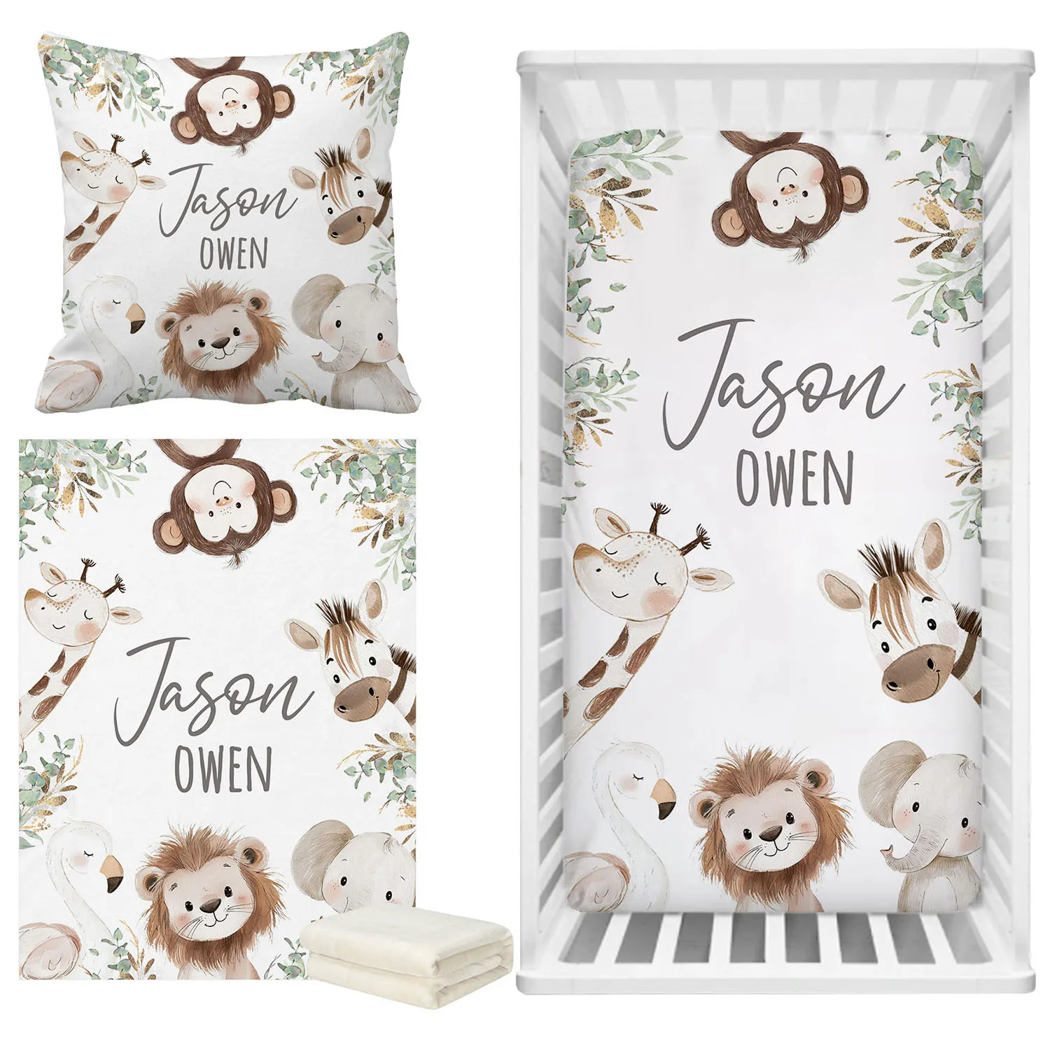 

LVYZIHO Custom Name Watercolor Safari Animals Clipart Bedding Set, Baby Blanket, Baby Crib Sheet, Baby Pillow