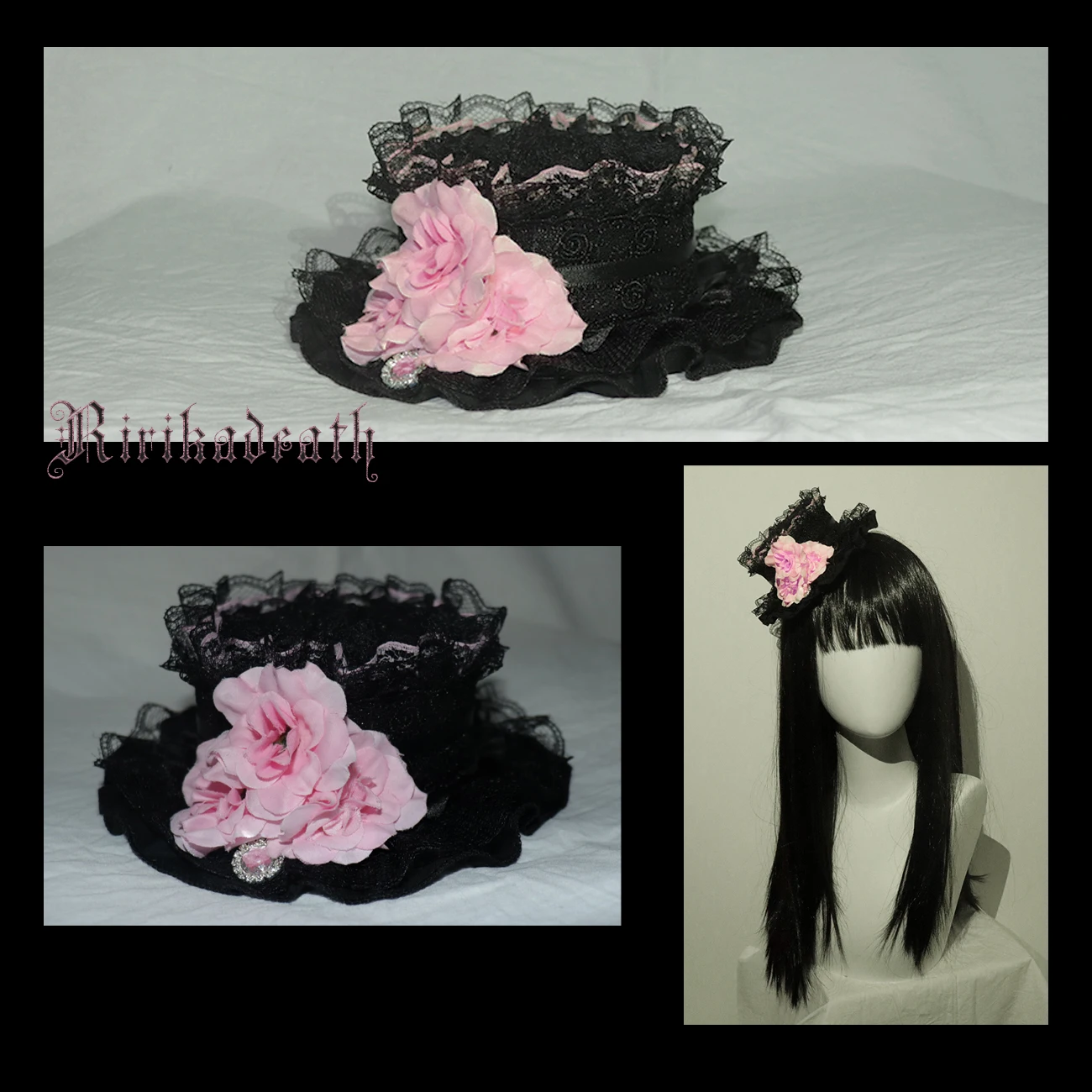 Gorro pequeño de encaje vintage, cinta de horquilla, pinza para el pelo lolita negra y rosa, accesorio de Cosplay de Anime, accesorios para el cabello de lujo