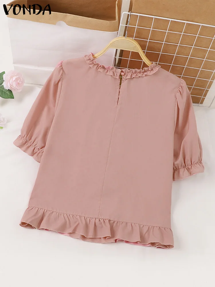 Vonda Frauen elegante gekräuselte Bluse kurze Puff ärmel Hemden 2024 Mode O-Ausschnitt Sommer Tunika Tops lässig lose Blusas Femininas