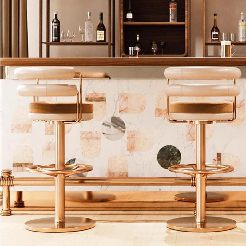 Light Luxury Stainless Steel Gold Bar Counter Chair Customized Swivel Nightclub Cafe High Stool With Footrest