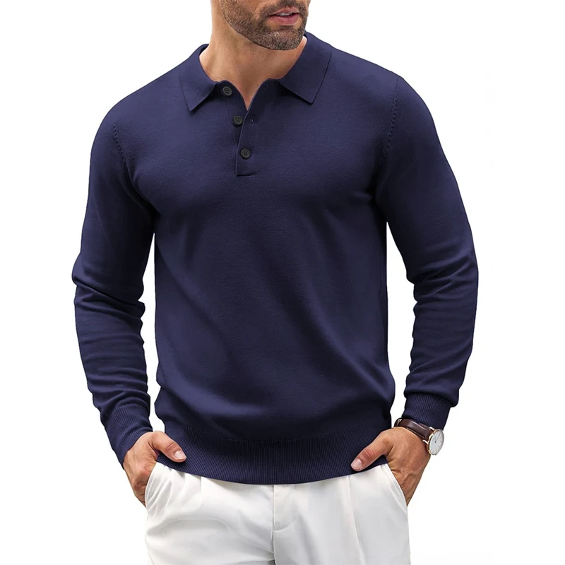 Outdoor Herren Strick-Poloshirt mit langen Ärmeln, lässig, klassisch, Poloshirts, Button-Down-Pullover, Thermo-Pullover, leichter Pullover