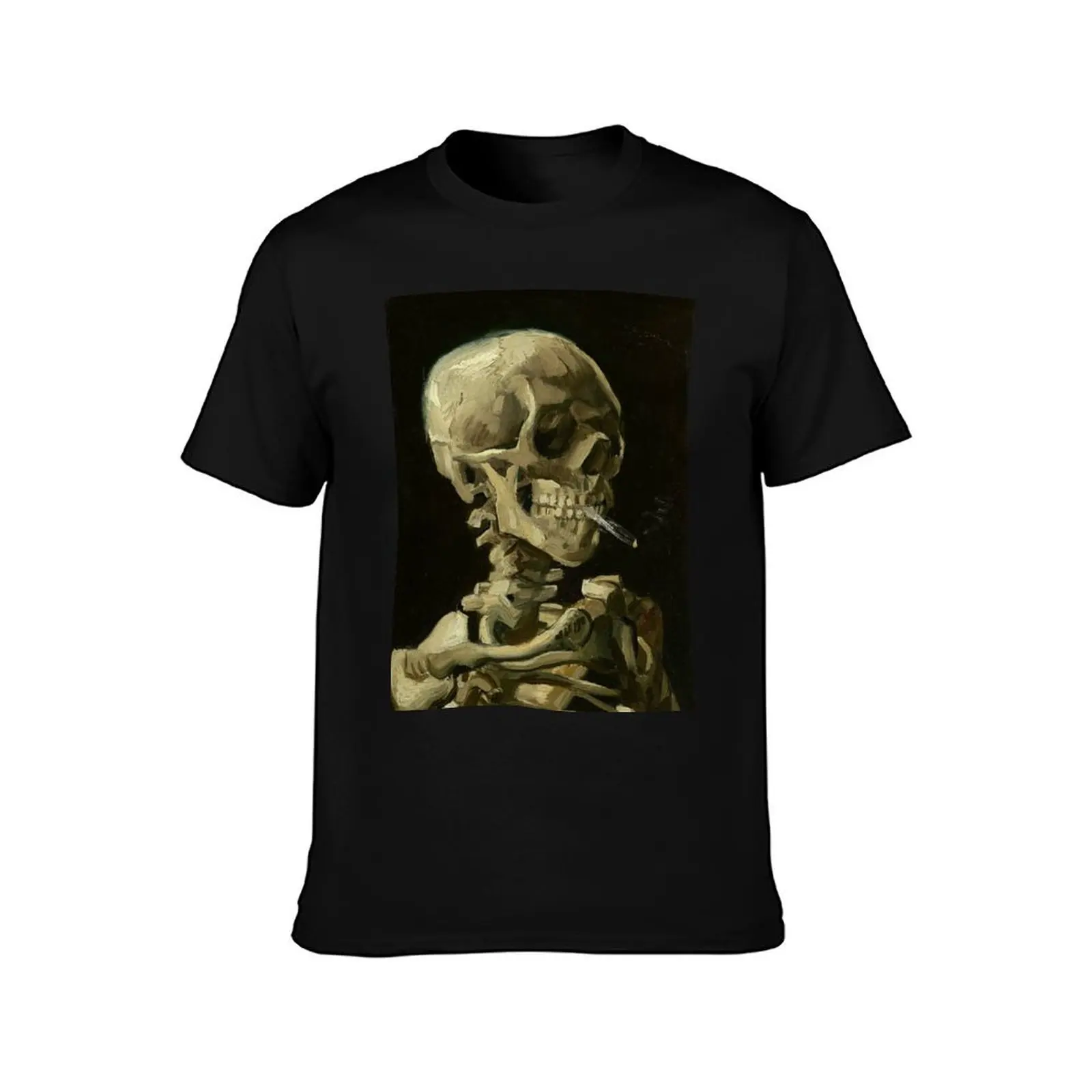 Skull of a Skeleton with Burning Cigarette - Van Gogh T-Shirt Soft Casual Short Sleeve Cotton Tee T-Shirt