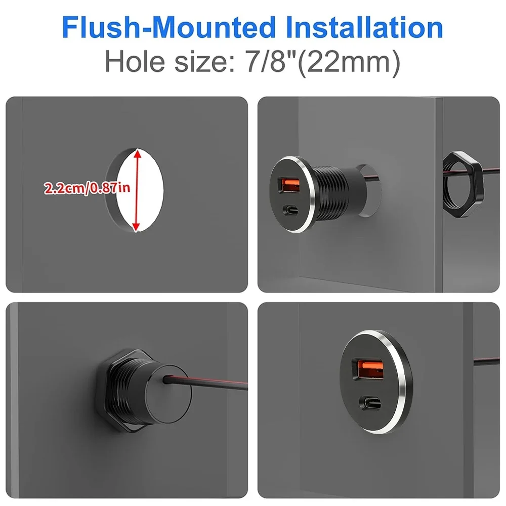 1/2 Stück 12V/24V USB-Steckdose PD Typ-C QC3.0 USB-A Dual-Port Aluminium Schnellladebuchse für Auto, Wohnmobil, Camper, LKW, Boot – Detail 9