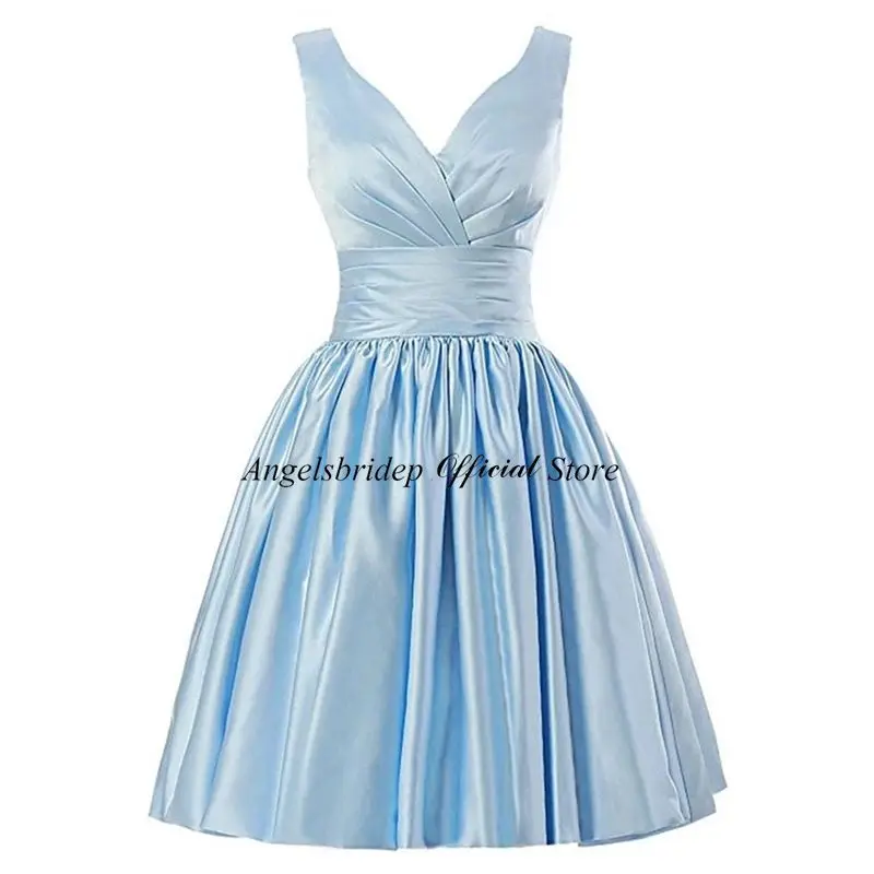 Angelsbridep Vintage Sky Blue V-Neck Homecoming Dresses Simple Satin Short Graduation Dresses Women Formal Gowns Cocktail Dress