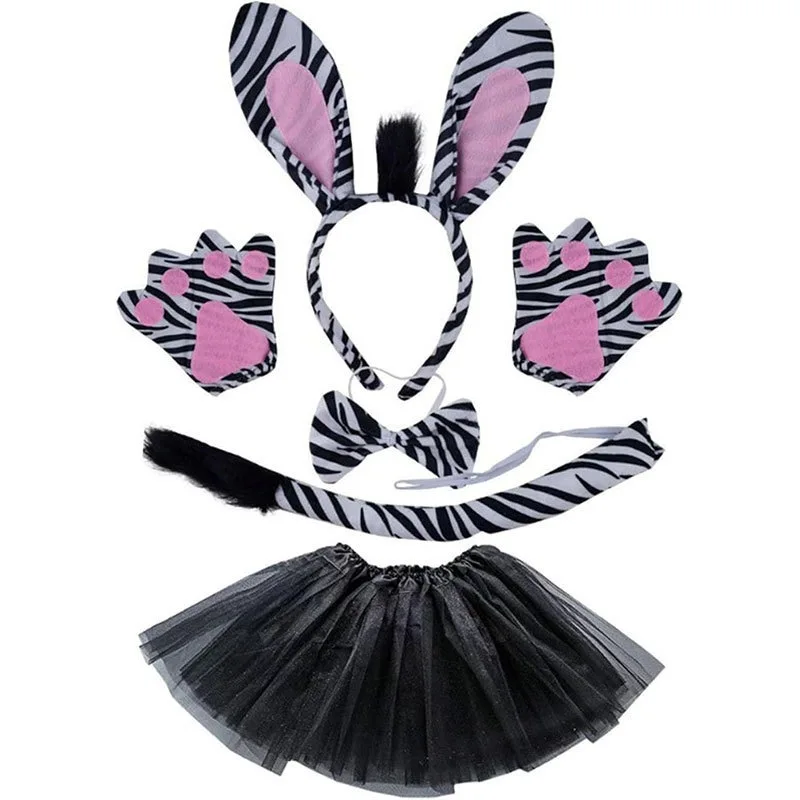 Zebra Costume Kit Headband Tail Tutu Skirt Striped Animal Costume for Halloween Birthday Party