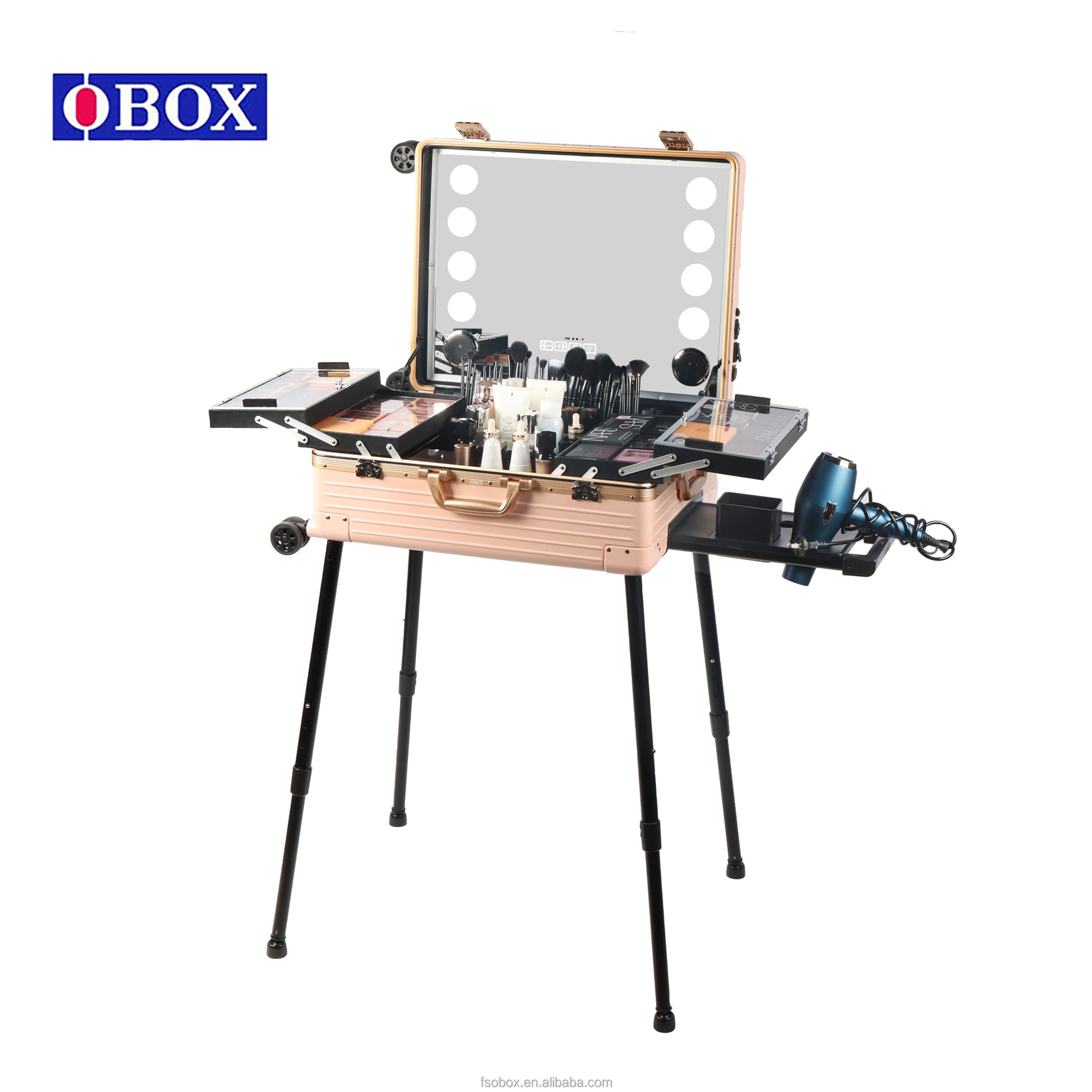 OBox OEM Professional Cosmetic Rolling Suitcase Lighted HD Mirror Makeup Train Case Folding Hairdressing Station Stylish Fashion