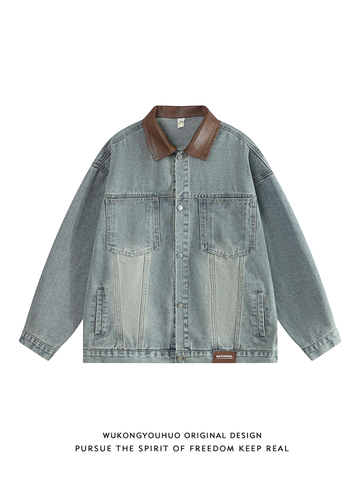 

American Retro PU Leather And Denim Jaet for Men Loose BF Collar Workwear Jaet Youth Trendy Streetwear Outerwear