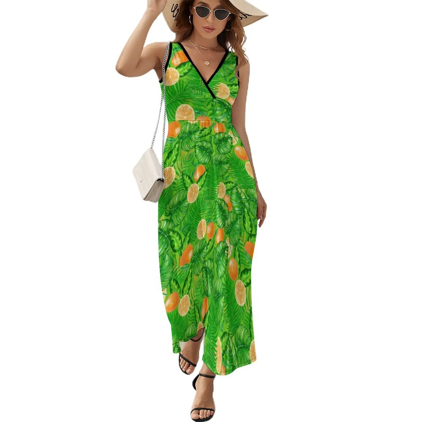 Fruit Print Dress Oranges And Tropical Leaves Vintage Maxi Dress Fashion Boho Beach Long Dresses High Waist Oversized Vestido