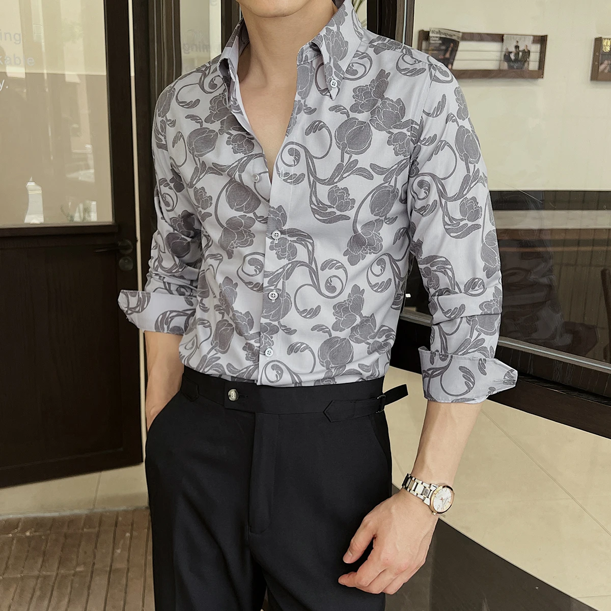 British Style Floral Shirt Men Long Sleeved Casual Business Dress Shirt Fashion Slim Fit Social Party Tuxedo Blouse Men Clothing