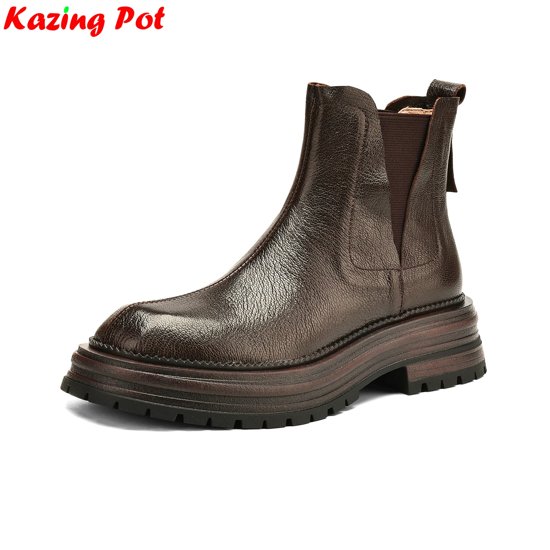 

Plus Size 34-41 Cow Leather Round Toe Med Heels Retro Modern Chelsea Boots Warm Winter Shoes Dating Luxury Platform Ankle Boots