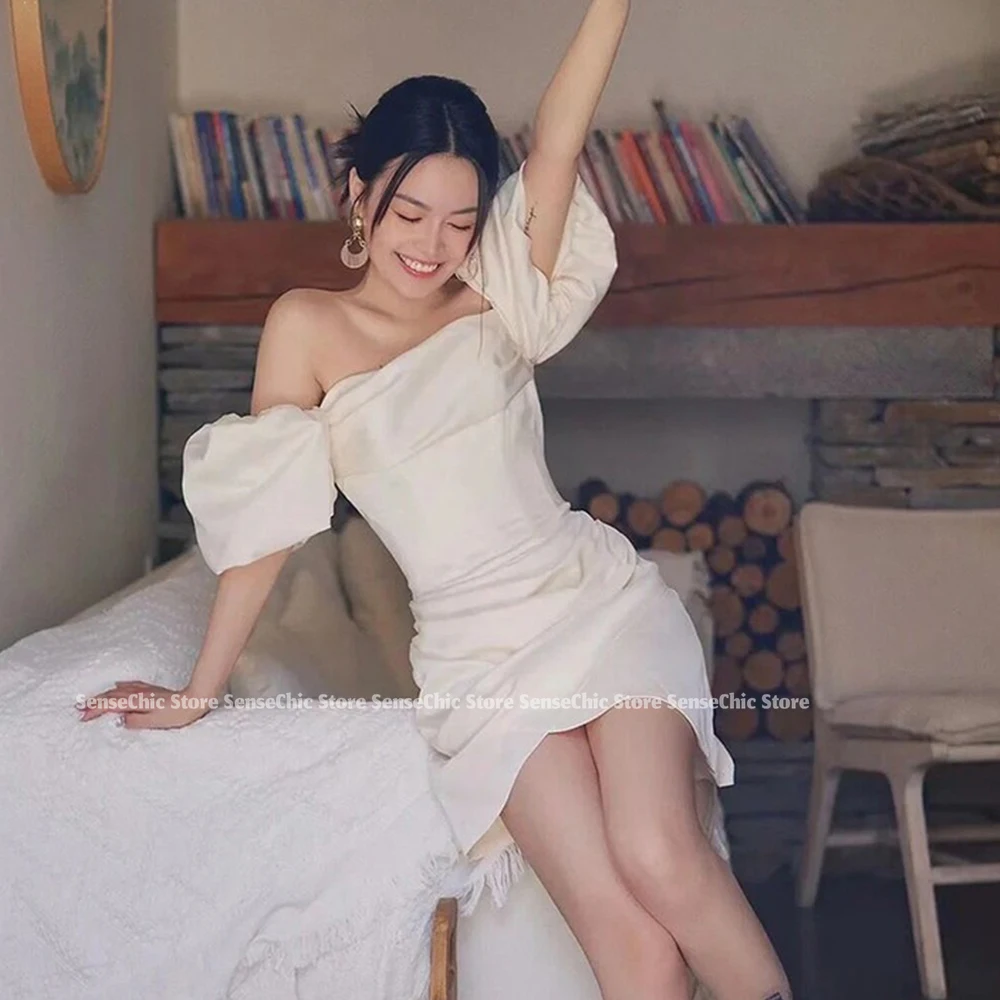 Puff Sleeve Wedding Dresses Satin Layered Ruffle Mini Formal 코리아 웨딩드레스 Simple Birthday Bride Gown Dress Customize
