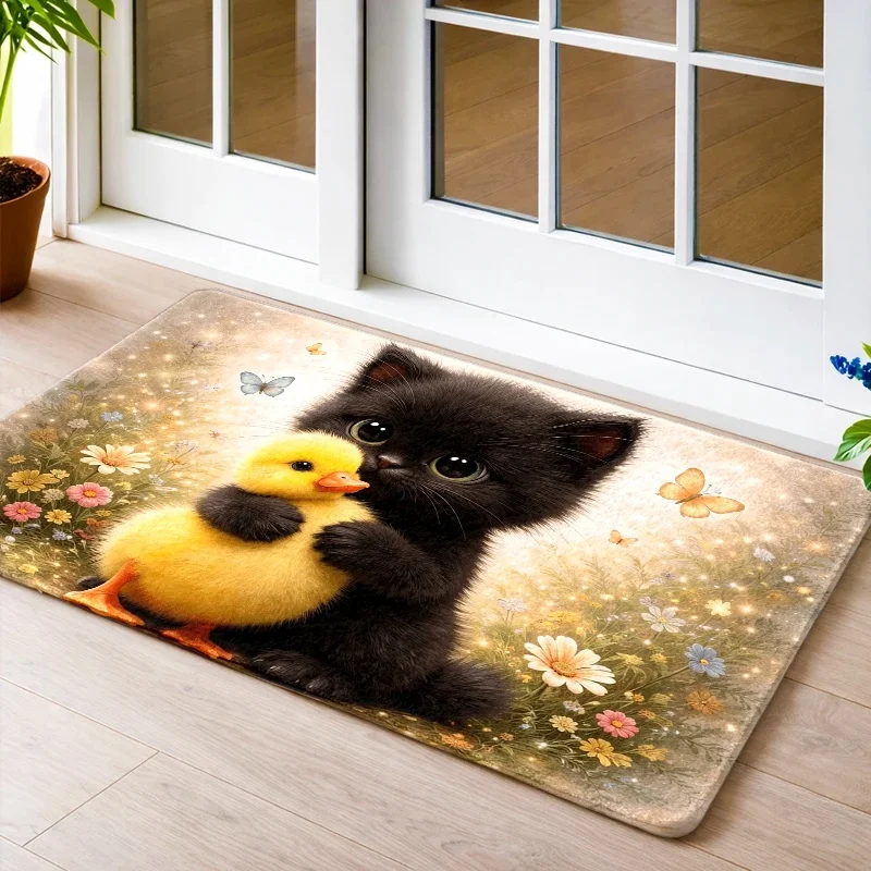 Cute Black Cat Duckling Area Rug Non Slip Washable Floor Mat For Entryway Living Room Home Decor