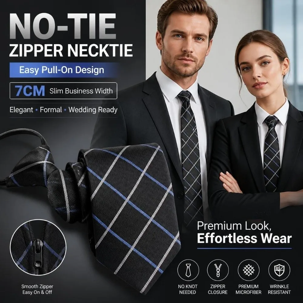 No-Tie Easy Zipper Tie 7cm Width Multi-Color Easy Pull Lazy Tie Plaid with Elastic Band Business Casual Tie Daily Wear