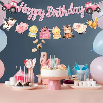 Rosa bondgårdsdjur tema grattis på födelsedagen bokstäver banderoll dra flagga barnens dag babyshower dekoration lada väderkvarn djur 6 best sales Happy birthday animals - №5