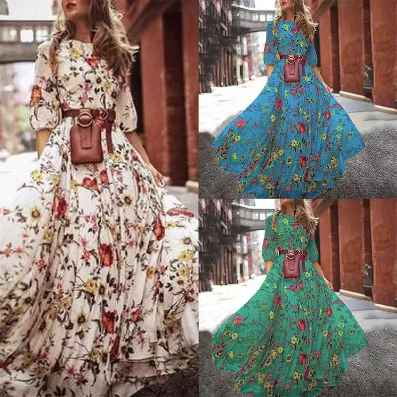 

2025 Fashion Temperament New Style Floral Print Long Dress French Retro Swing Style Round Neck Elegant Commuter Dress
