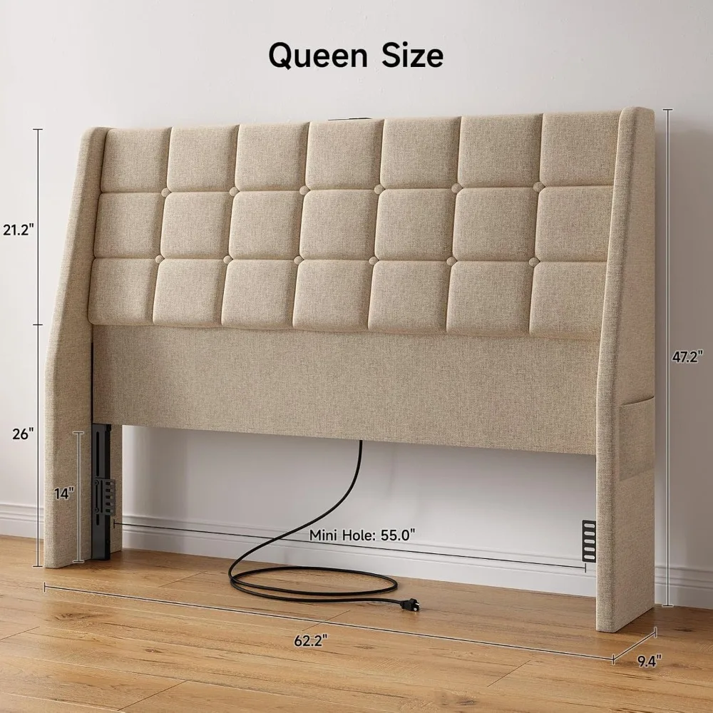 Queen Size Upholstered Headboard with Charging Station and Linen Wingback Headboard with Storage Pockets
