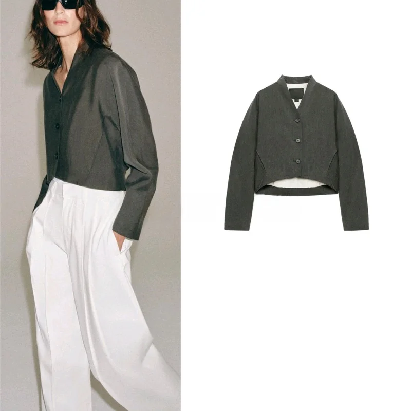

Spring Summer New Casual Women's Long Sleeve V-neck Single Button Short Coat Irregular Hem Loose Fit Polyester Fiber