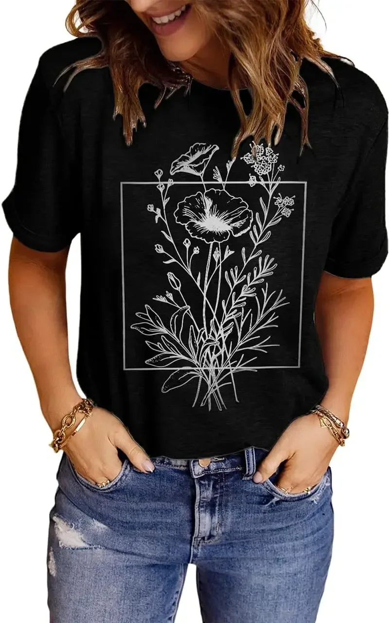 New summer tops Womens Flower Cottagecore Country Graphic Shirts Boho Cute Loose Teen Girls Tees Tshirt for Plant Graden Lover