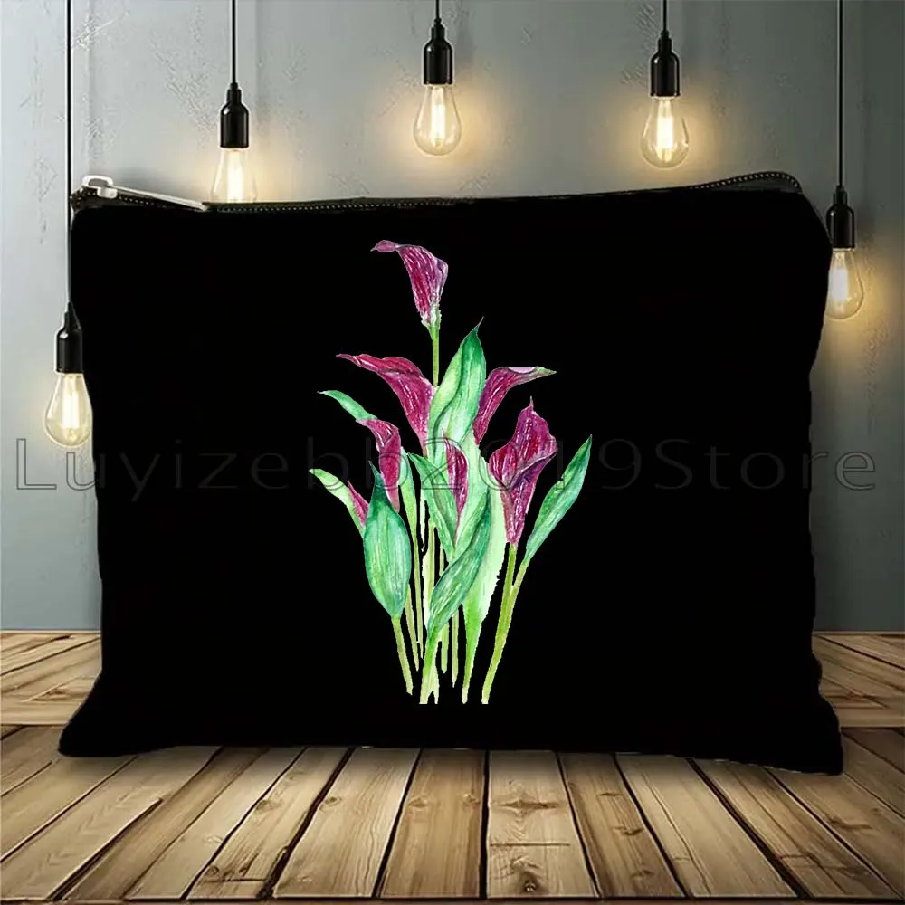 Bird of Paradise Flowers Yellow Cosmos Lily Peach Coneflower African Violet Lavender Gift Canvas Cosmetic Makeup Bag Case Pouch
