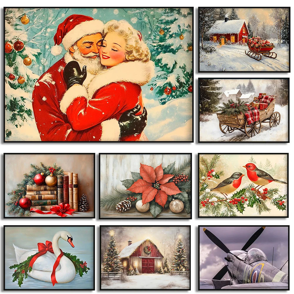 Weihnachten Rustikale Kirche Weihnachtsmann Winter Schlitten Retro Poster und Drucke Leinwand Druck Wand Kunst Bild für Wohnzimmer De