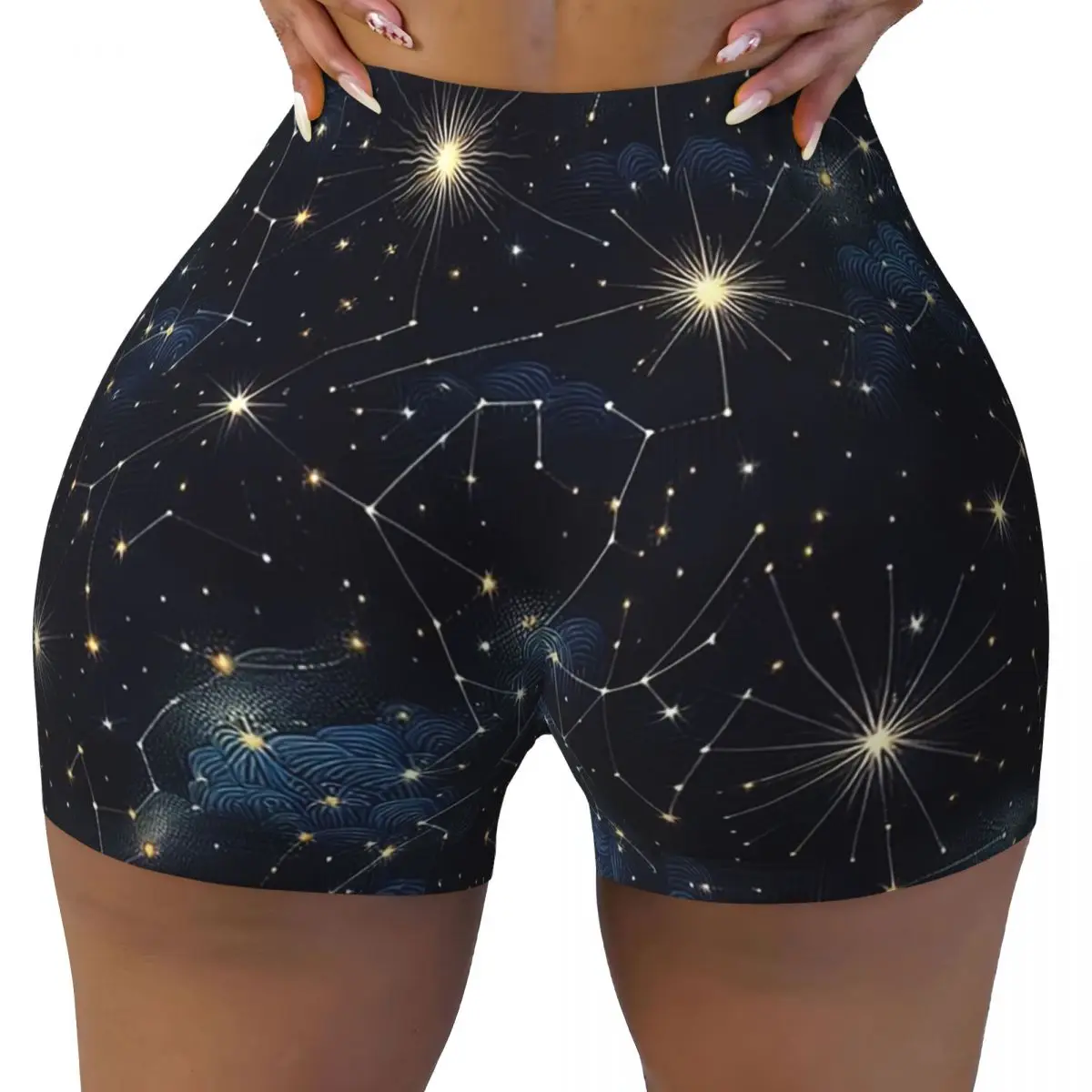 Pantalones cortos de Yoga personalizados para mujer, cielo nocturno, estrellas celestiales doradas, constelaciones del zodiaco, entrenamiento de gimnasio, correr, pantalones cortos atléticos de voleibol