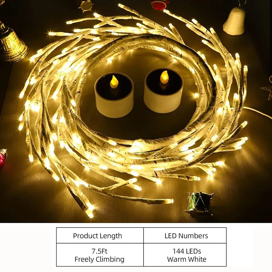 Thrisdar 7.5ft 144LED Willow Vine Light 8 Modes Lighted Tree Branch Lights Garland Flexible Wall Birch Tree Fairy String Lights