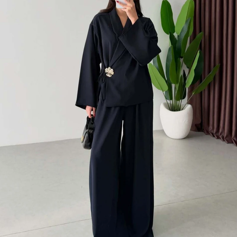 Vintage Solid Loose Autumn Suit New 2026 Elegant V Neck Long Sleeved Top & Wide Leg Pants Two Piece Women's Casual Party Outfit