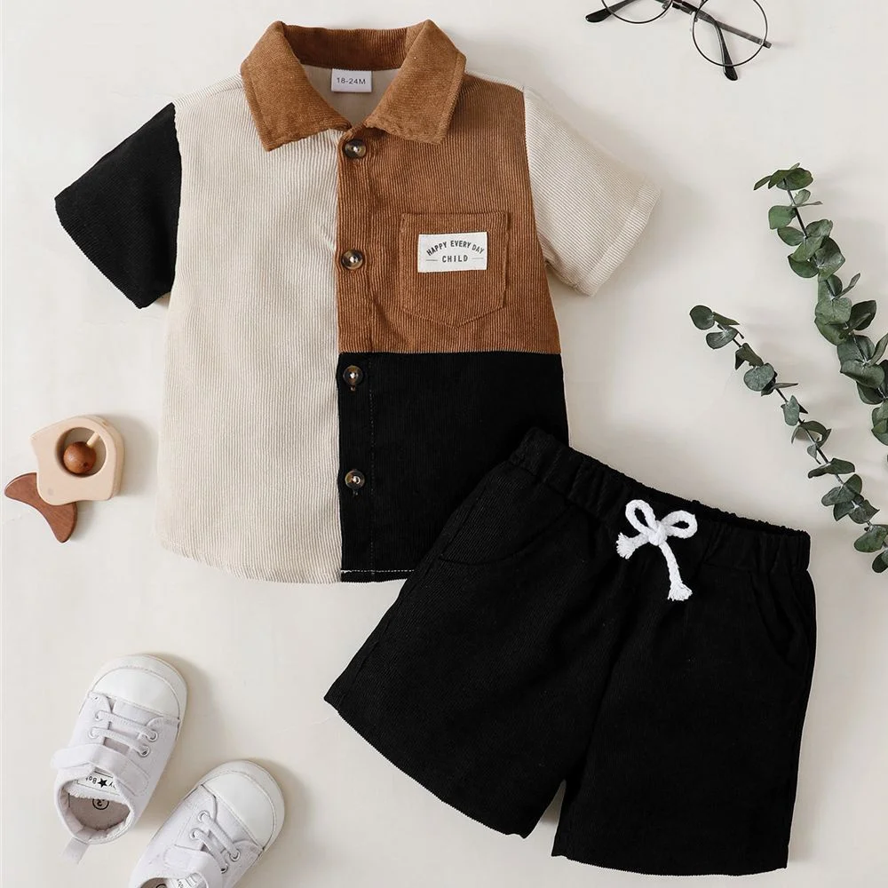 1-6 Years Kids Boy 2PCS Suit Color Blocking Shirt+Solid Color Shorts Handsome All Match Wear Summer Daily Clothes for Boy