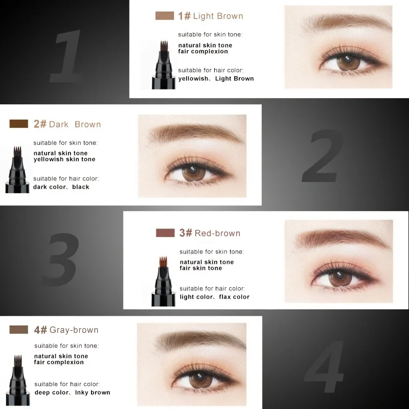 4 Splitted Head Eyebrow Pencil Long Last Smudge Proof Waterproof Sweat Proof High Pigmented Easy Applying Liquid Eyebrow Pencil