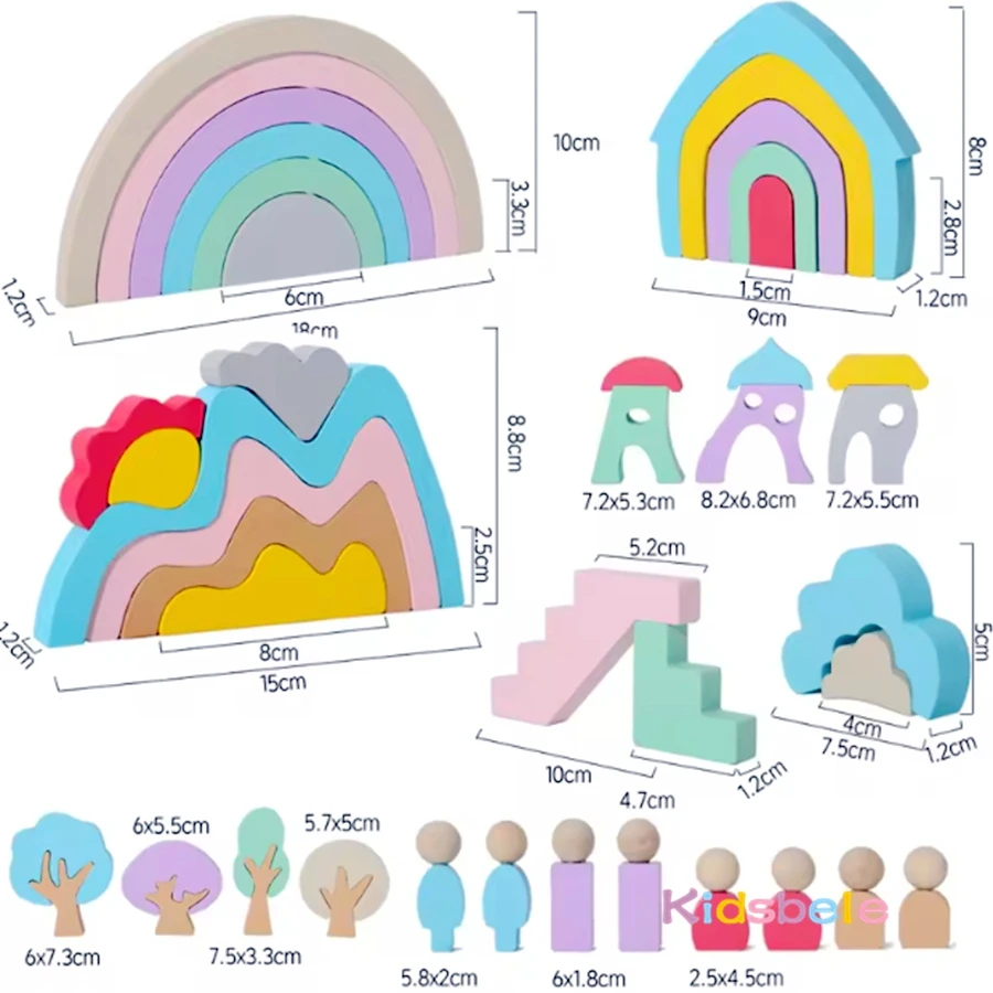 아이들 DIY 몬테소리 나무 블록 무지개/작은 인형/나무/집/산 색상 인지 감각 장난감 균형 게임