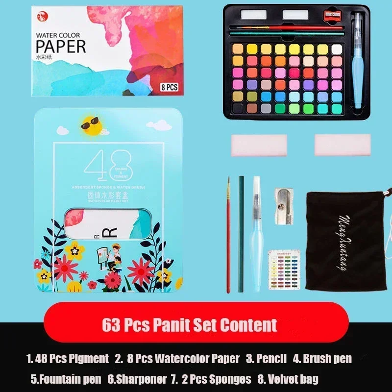 Profissional Aquarela Pintura Set Com Escova, Pintura Set, Pigmento De Papel, Fontes De Arte, 48 Cores, 63 Pcs