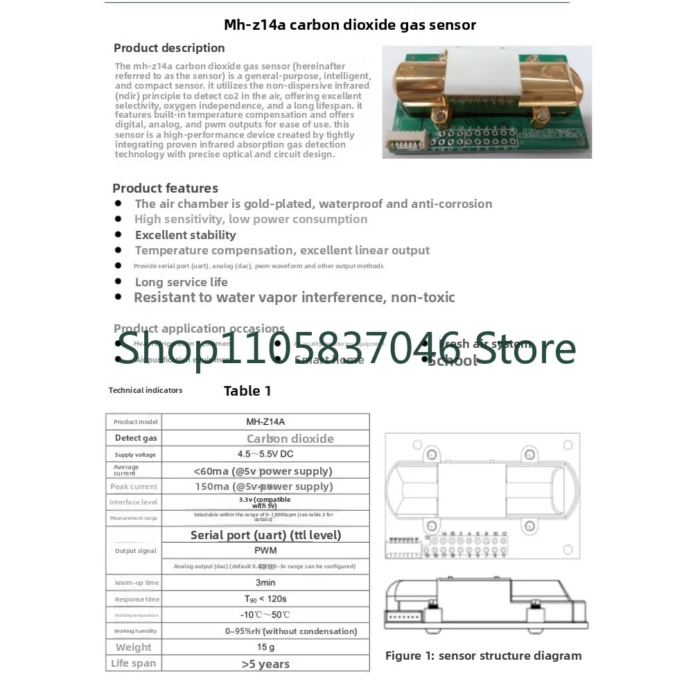 Infrared carbon dioxide sensor module MH-Z14A serial port PWM 400-5000ppm