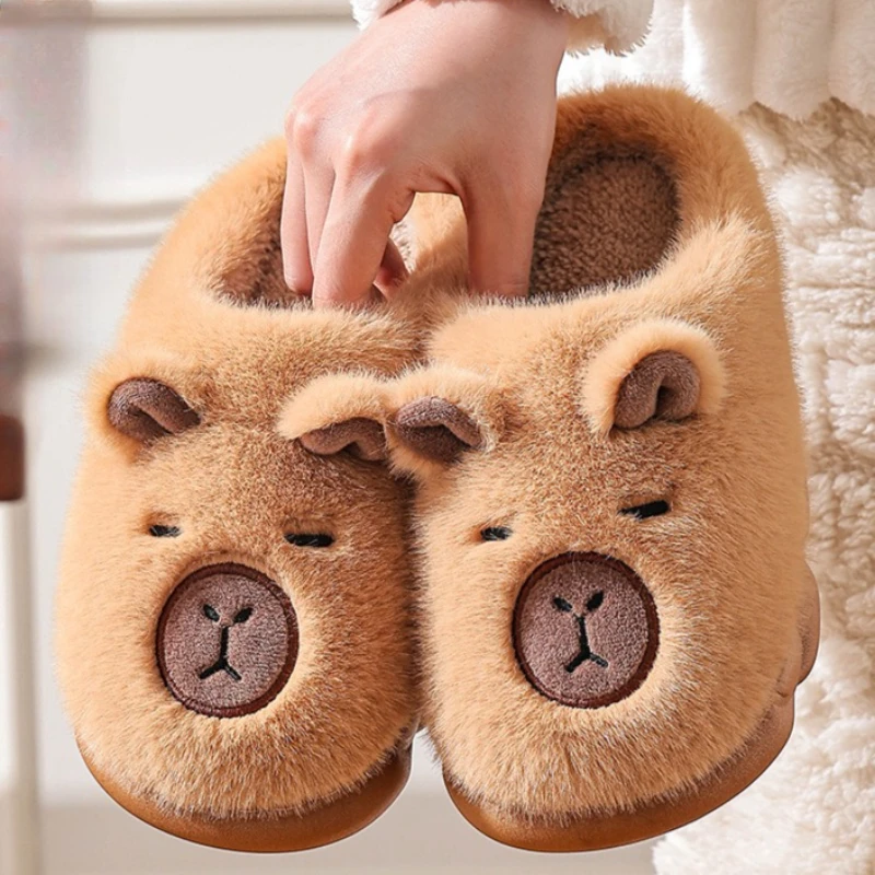 Cute Capybara Cotton Slippers For Women Men Autumn Winter Lovely House Shoes Warm Plush Anti-slip Couples Home Fluffy Slipper